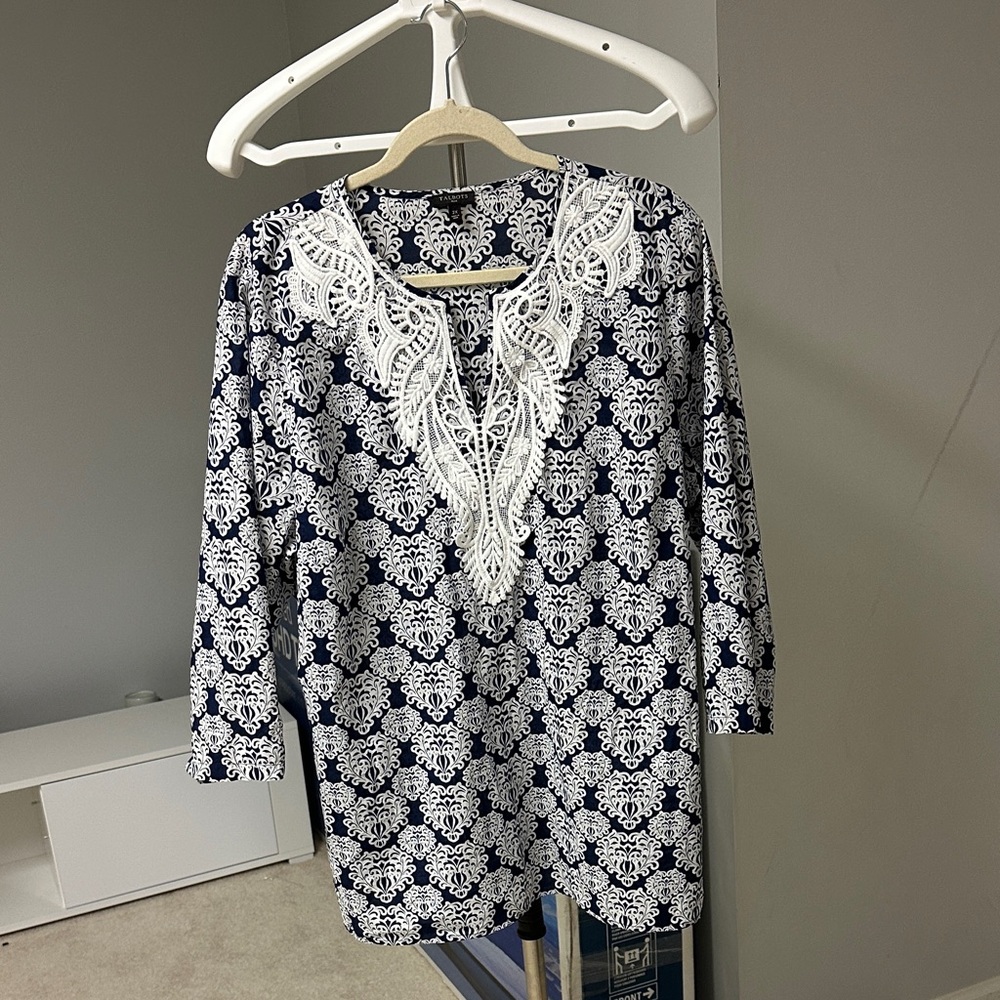 Talbots Navy and White Lace Blouse